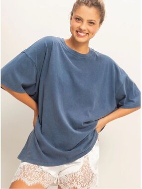 NEW Double Zero Cotton Oversized Navy Mineral Wash Tee S/M Boxy Relaxed Top